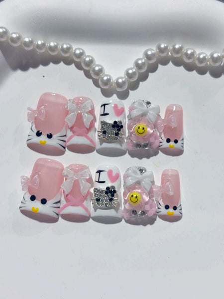 Kawaii Bow Press-On Nägel kurz, Rosa mit Kätzchen-Motiv und Schleife