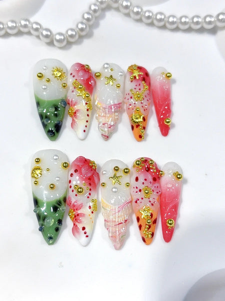 Mermaid’s Cocktail Press-On Nägel Mandelform lang, bunter Mix in Pink, Rosa und Grün mit goldenen Akzenten
