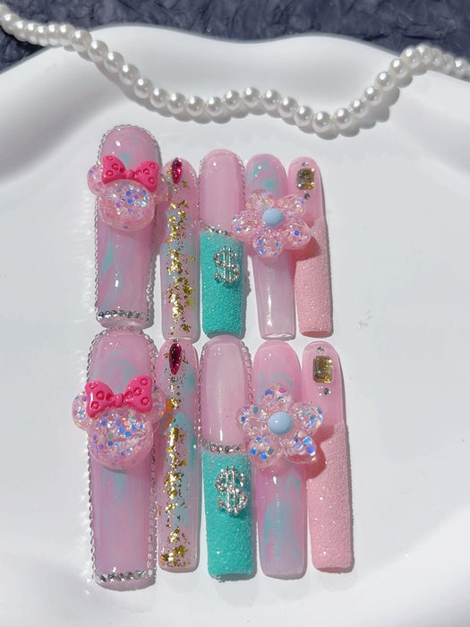 Boss Babe Bling Press-On Nägel Pink-Teal mit Glitzer, Dollar-Zeichen und Kristallblumen